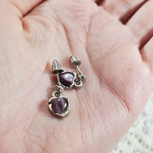 Purple stone heart dangle earrings, handmade